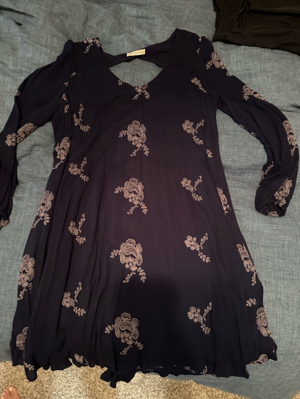 Altar'd State Navy Blue Mini Dress with Beige Floral Embroidery